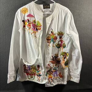 bob mackie women cotton jacket large white embroidered novelty boho artsy fruit
